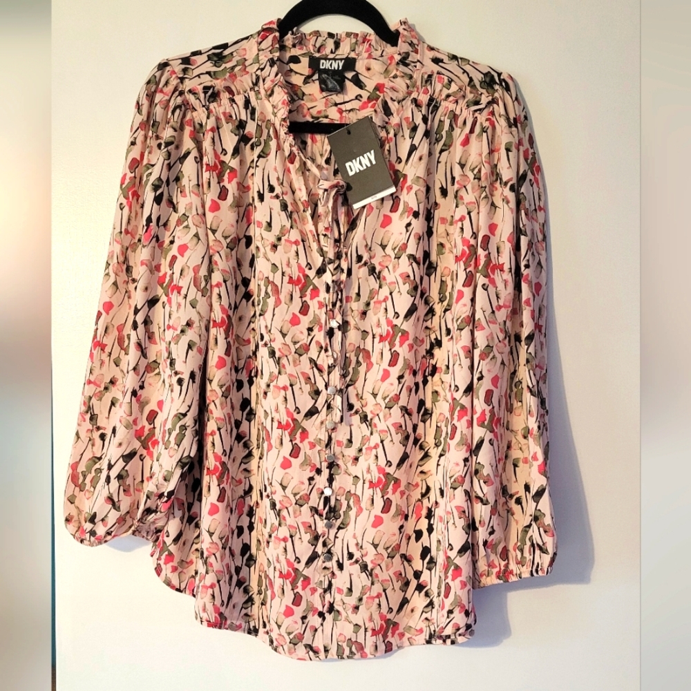 DKNY Women's Blouse with Pink and Black Floral Design